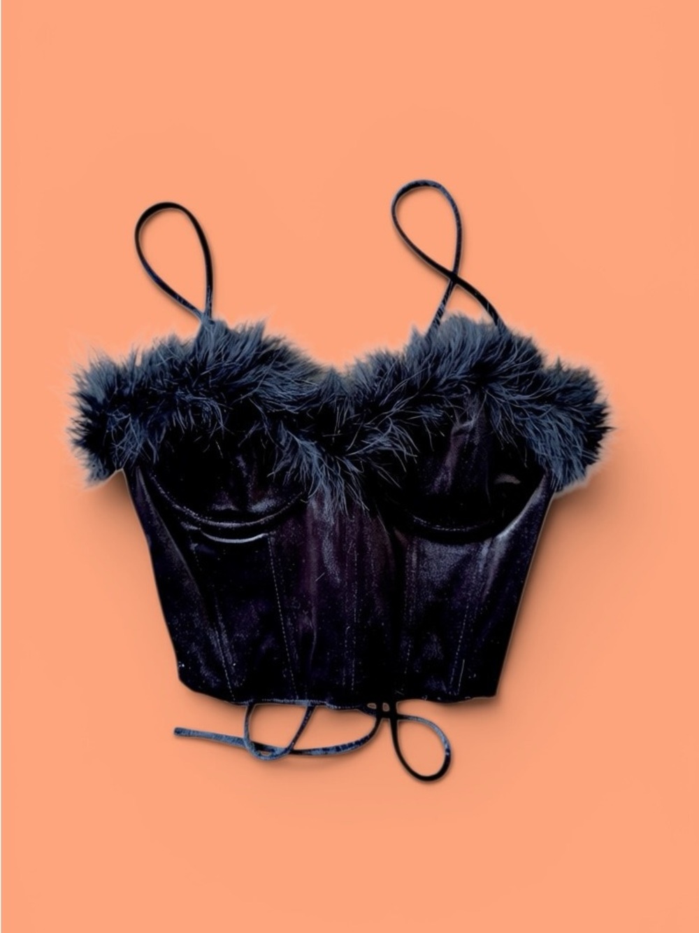 Black Feather Trim Velvet Bustier Top